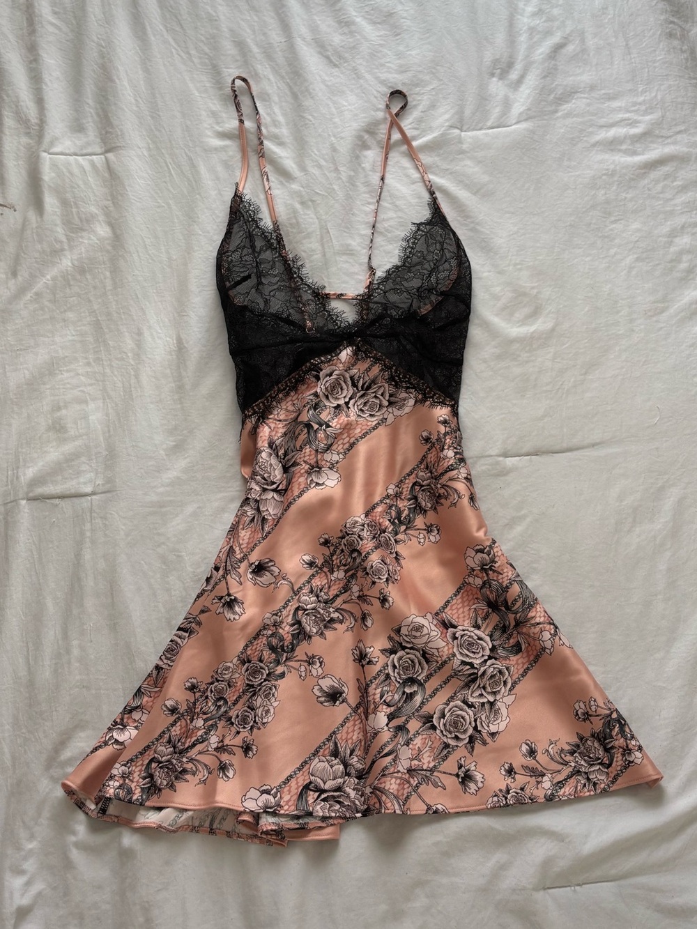 Victoria's Secret Black Lace & Blush Rose-Print Satin Slip